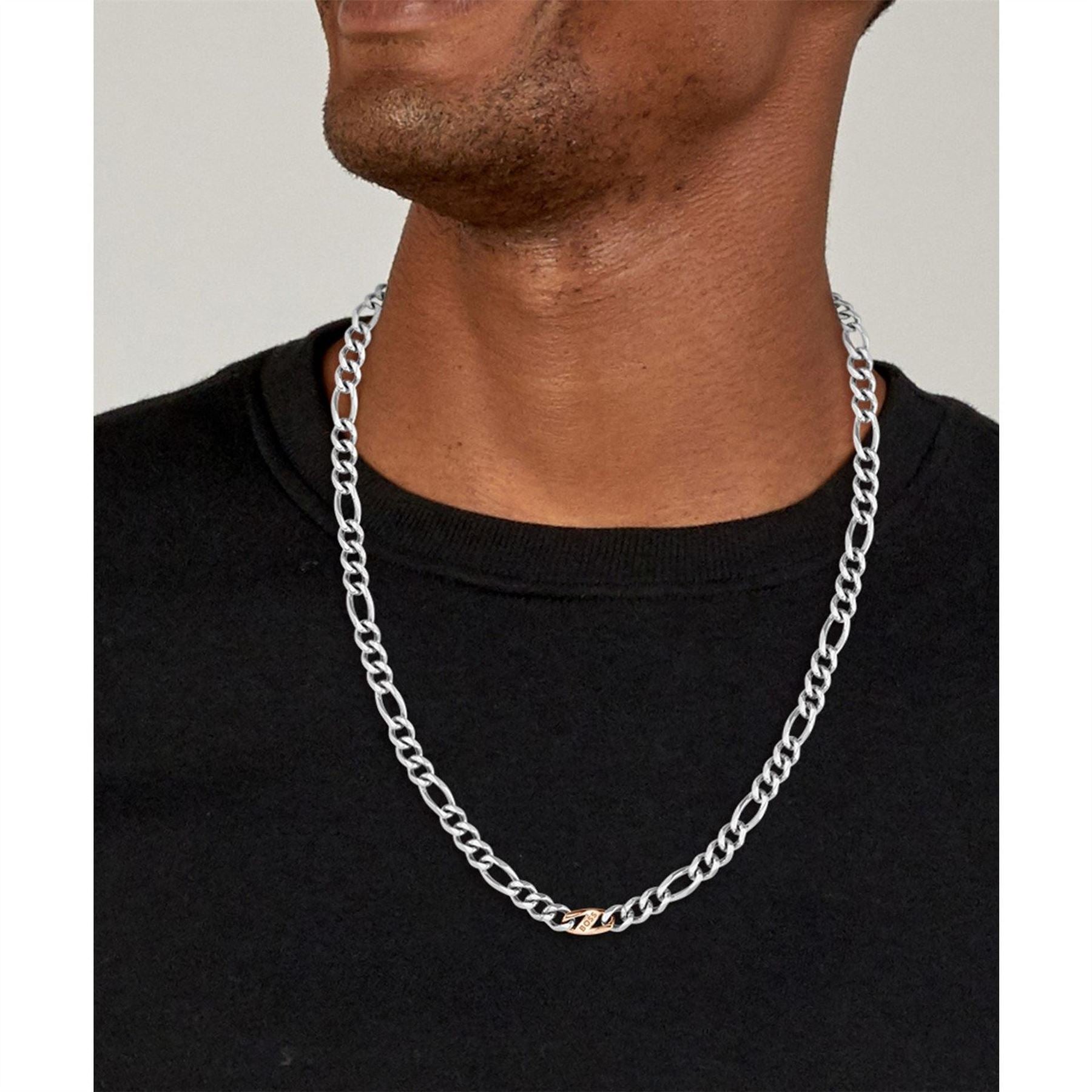 Boss Rian Stainless Steel And Carnation Gold Ip Figaro Chain