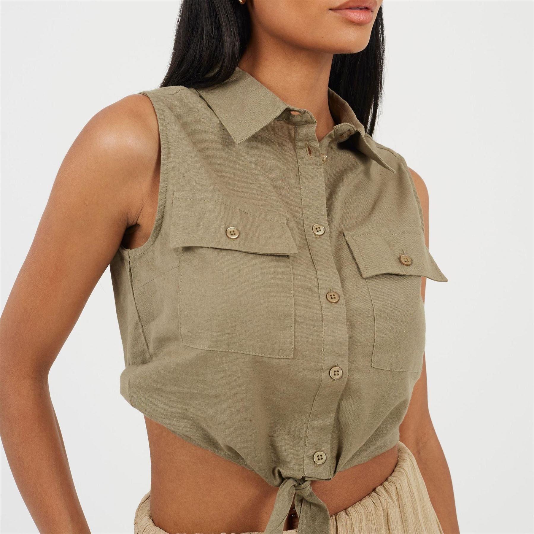 Brave Soul Womens Sleeveless Collared Top With Tie Detail