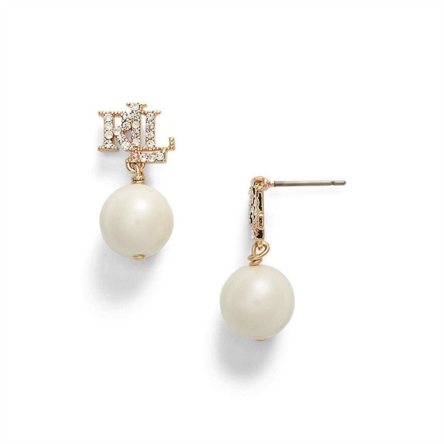 Lauren by Ralph Lauren Ralph Lauren Gold Pave Logo Pearl Drop Earrings