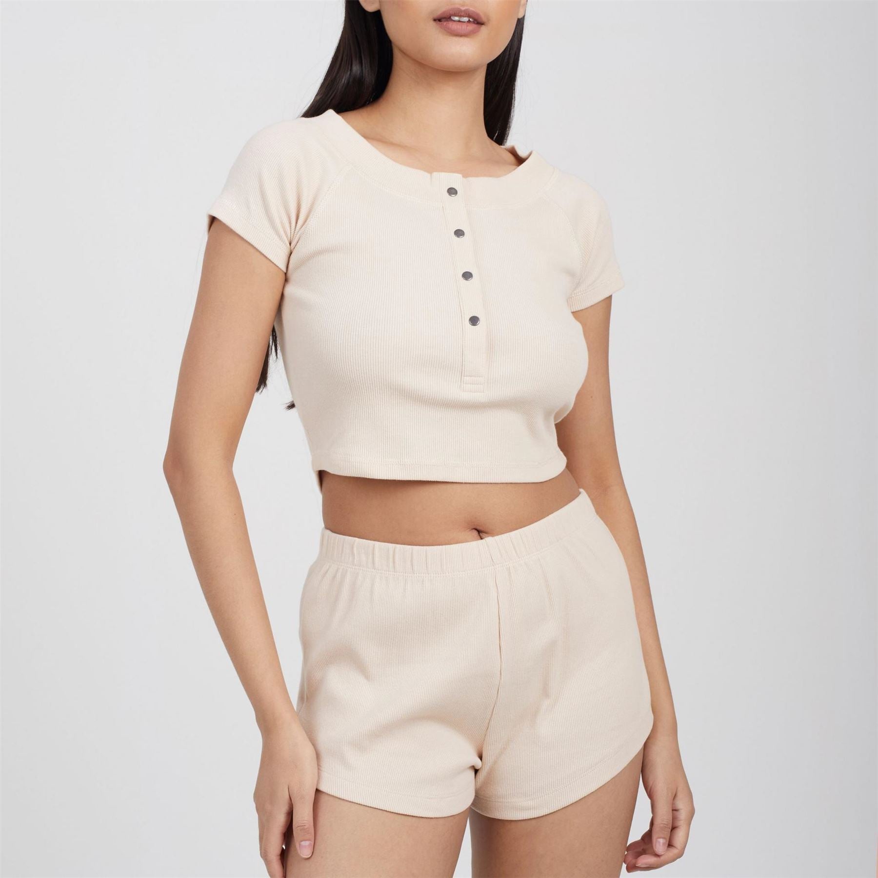 Brave Soul Womens Lounge Set With Henley Cropped Tee  And  Matching Shorts