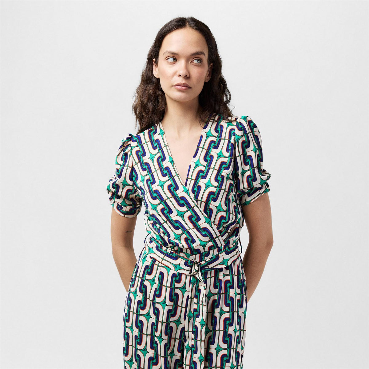 AX Paris Geometric Printed Wrap Top Belted Jumpsuit