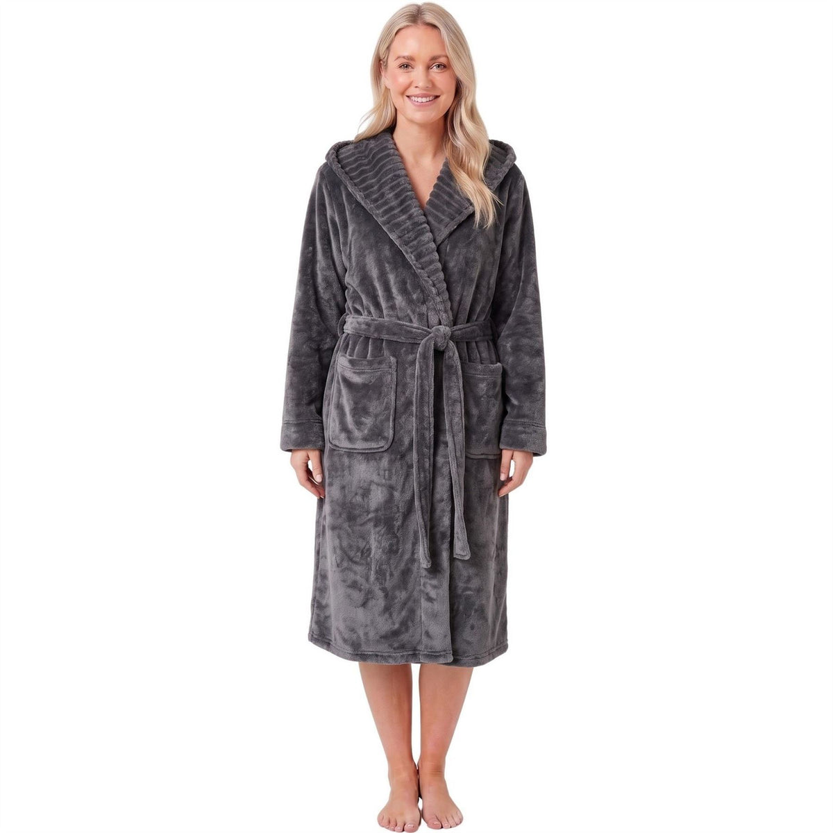Camille Womens Supersoft Fleece Ribbed Collar Robe