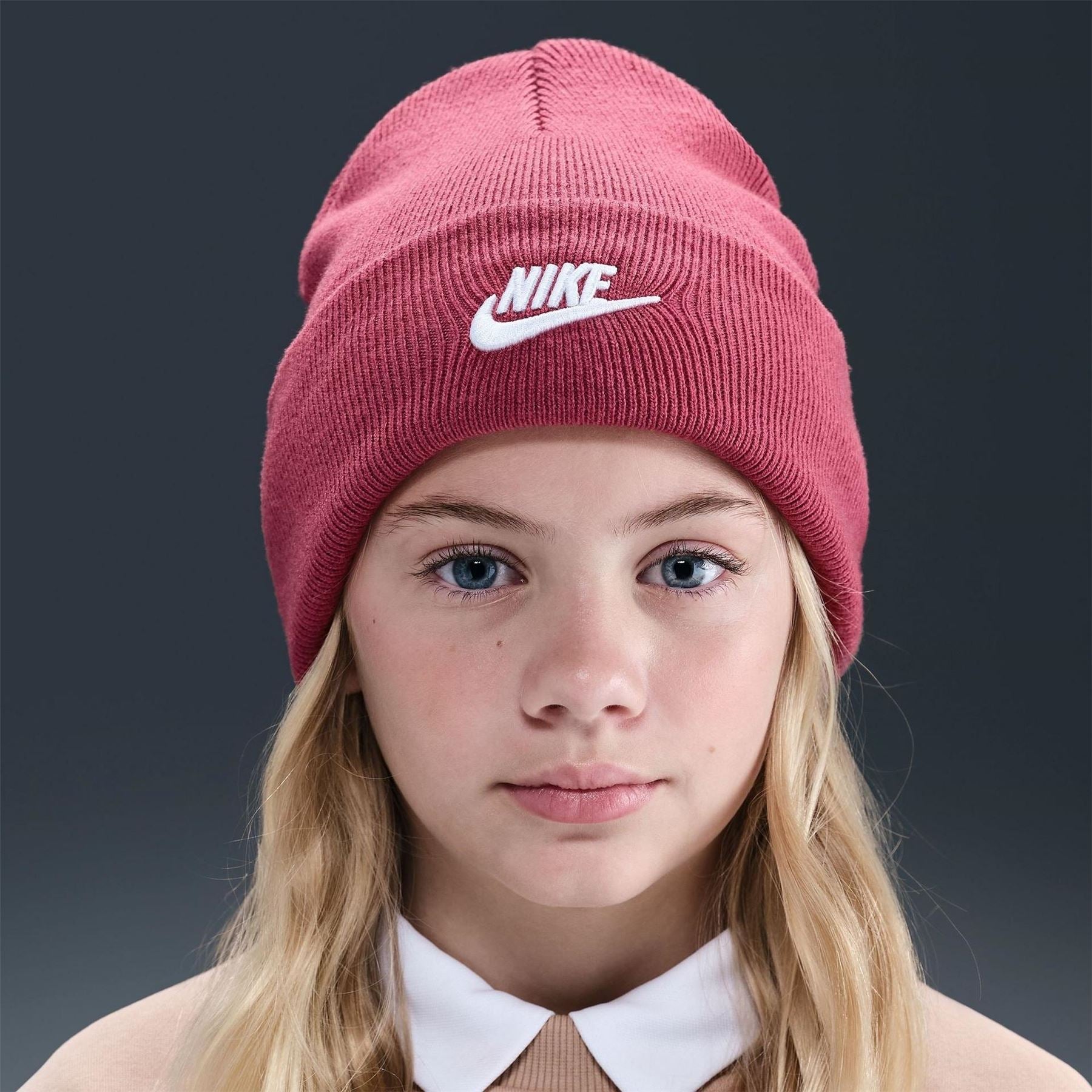 Nike Nsw Junior Wordmark Embroidered Logo Ribbed Cord Effect Fold Up Brim Beanie