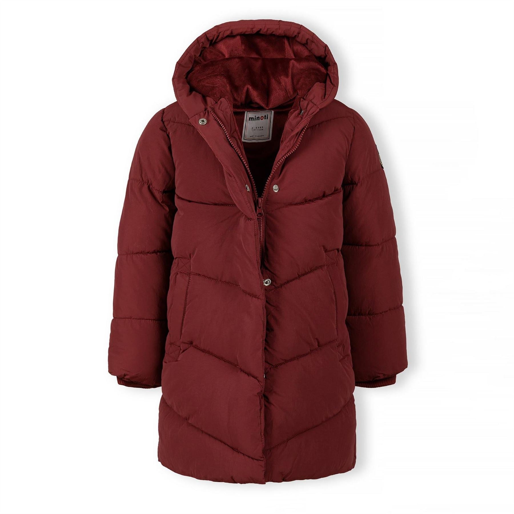 Minoti Girls Long Quilted Winter Jacket Zip Press Studs Burgundy