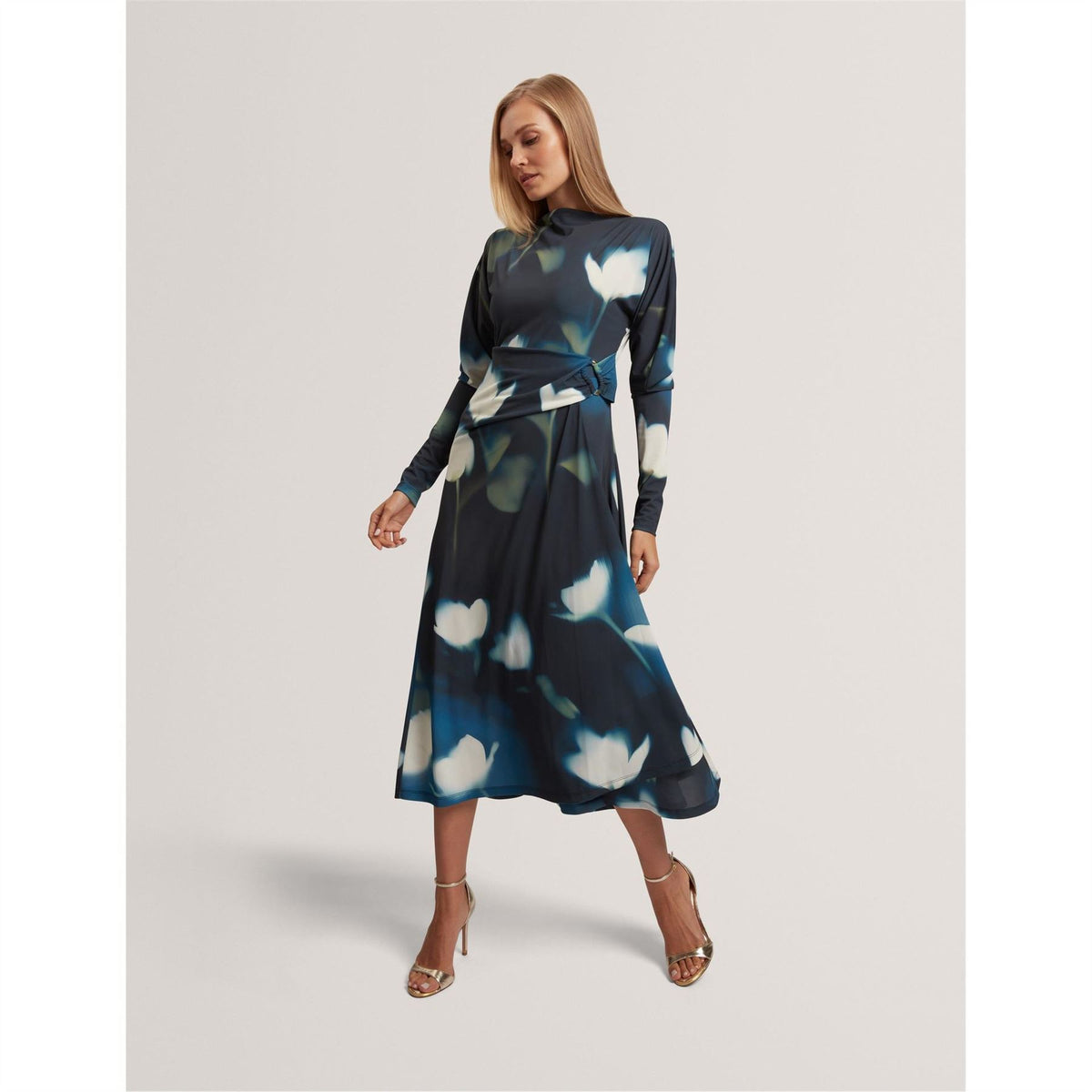 Ted Baker Print Boat Neck Long Sleeve Midi Dress