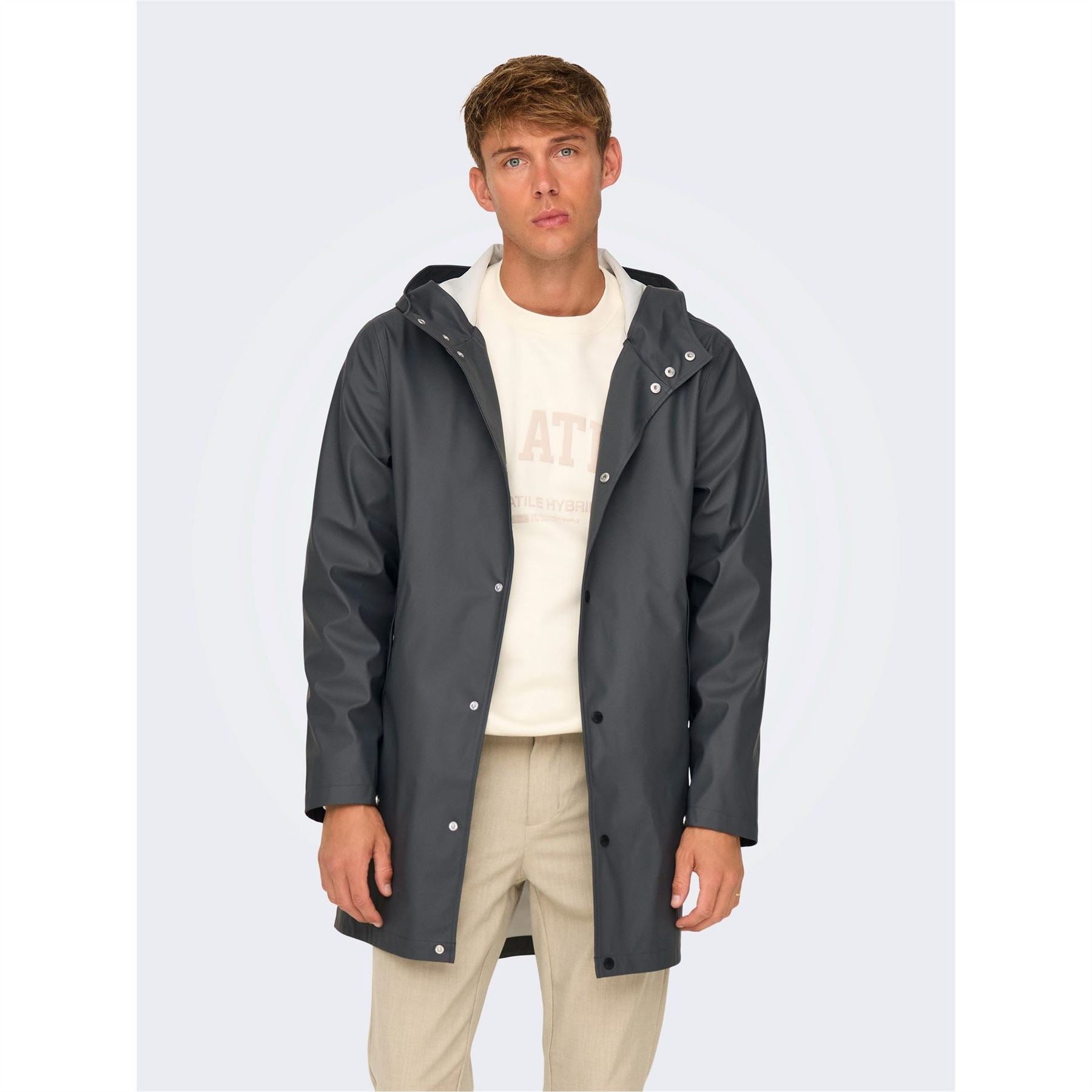 Only Solid Patterned Hooded Snap Button Rain Coat