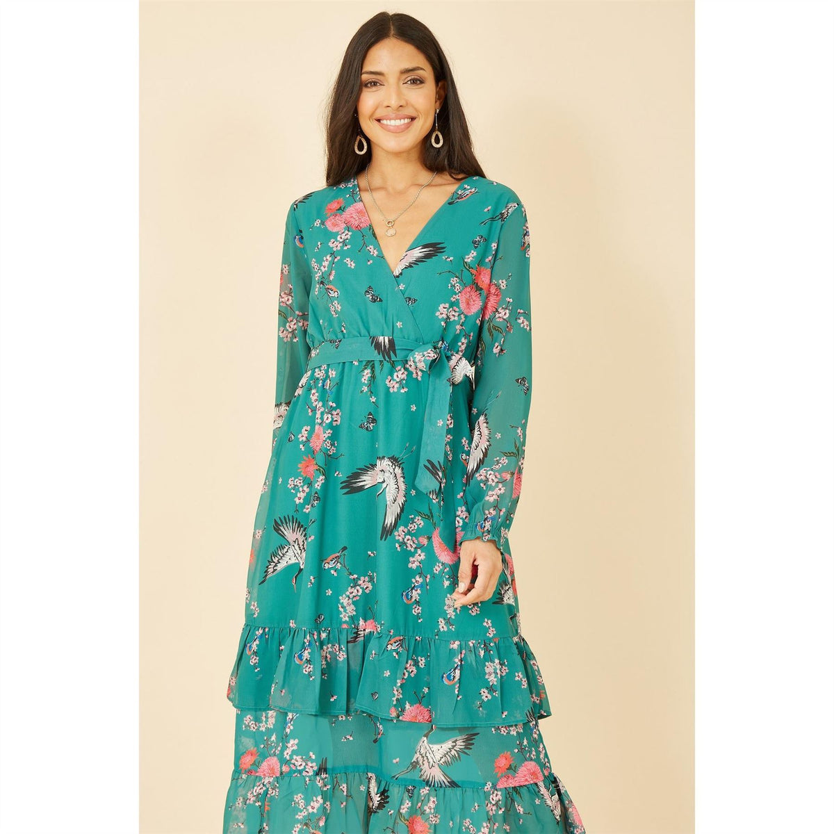 Yumi Crane Print Wrap Midi Dress