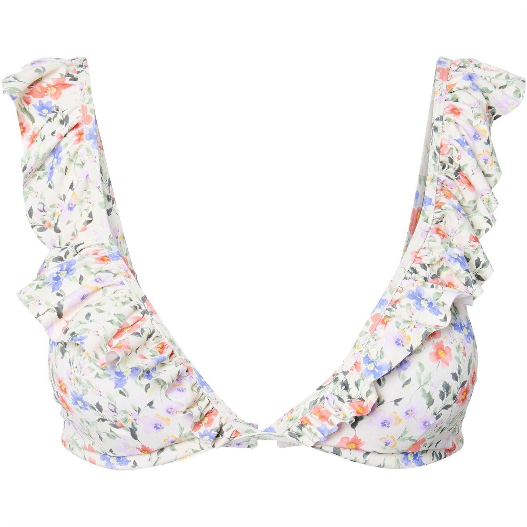 Pieces Floral Print Frill Plunge Swimsuit