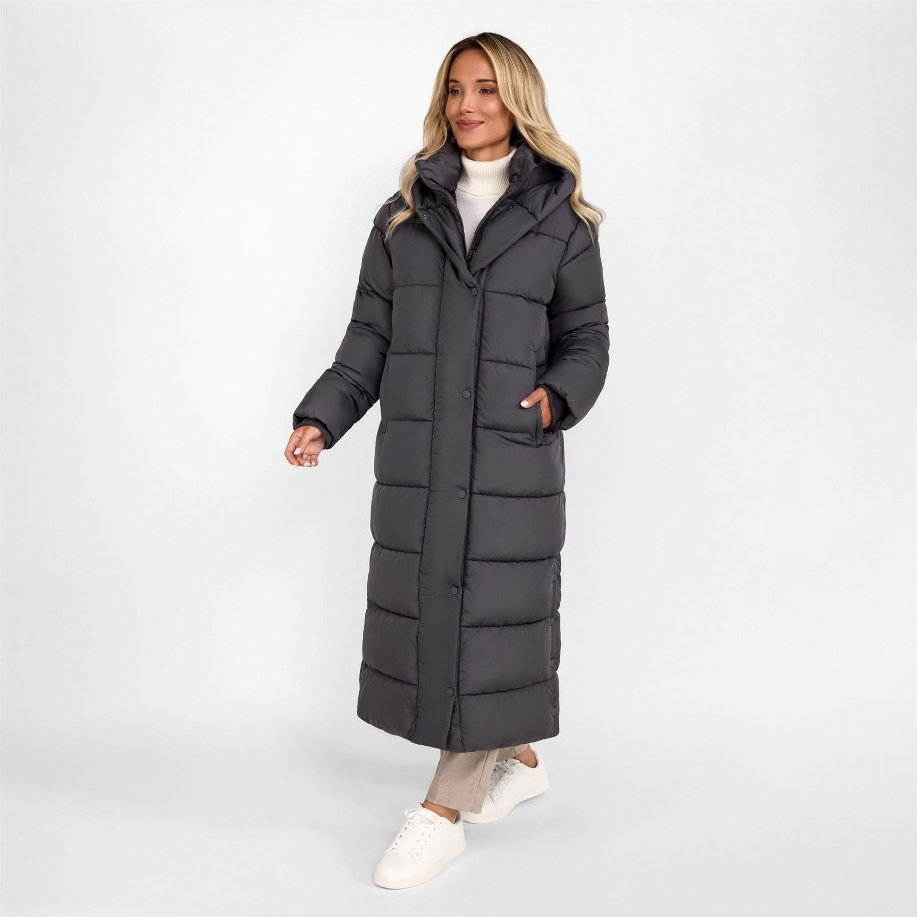 Minoti Women Long Padded Winter Coat With Hood And Zip Pockets Grey