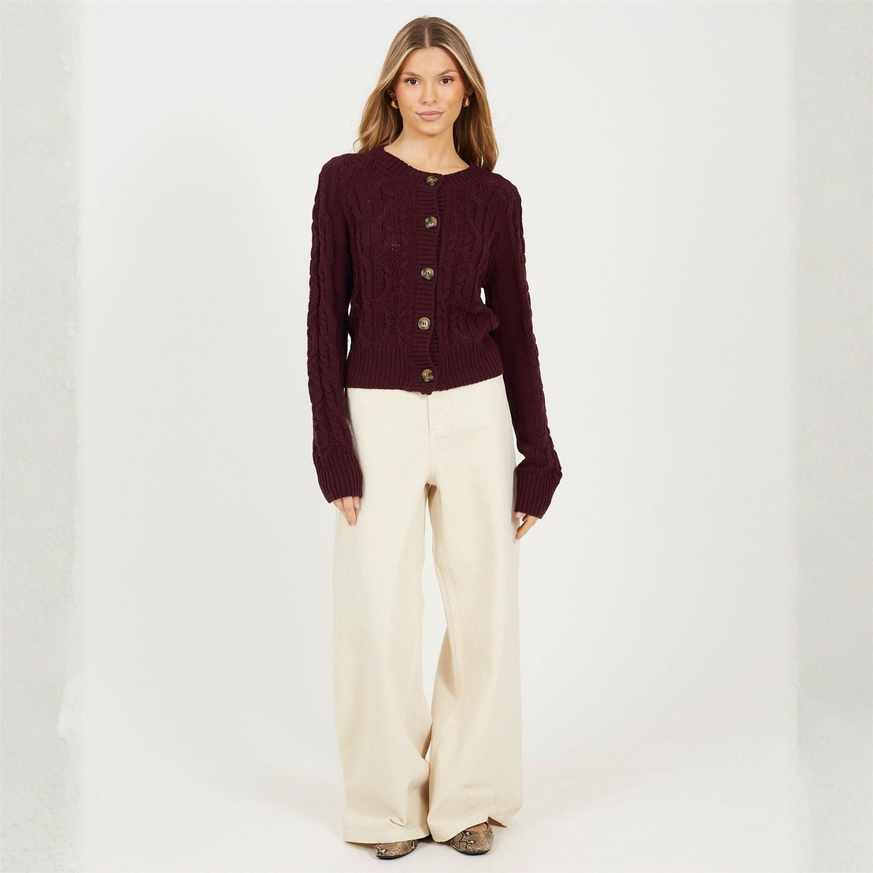 Brave Soul Womens Crew Neck Cable Knit Cardigan With Raglan Sleeve