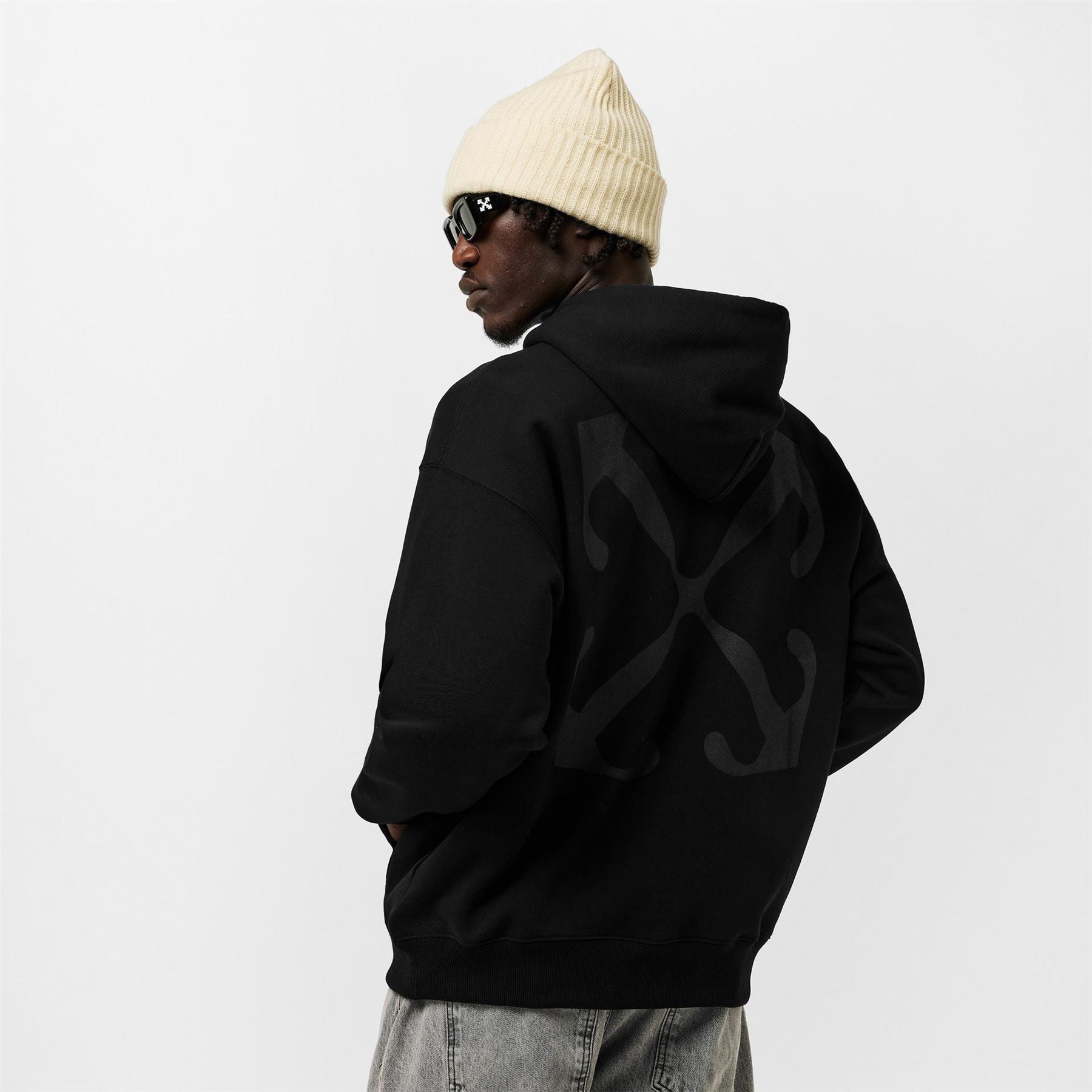 Off White Oversize Fit Hooded Neck Drop Shoulder Sweatshirt