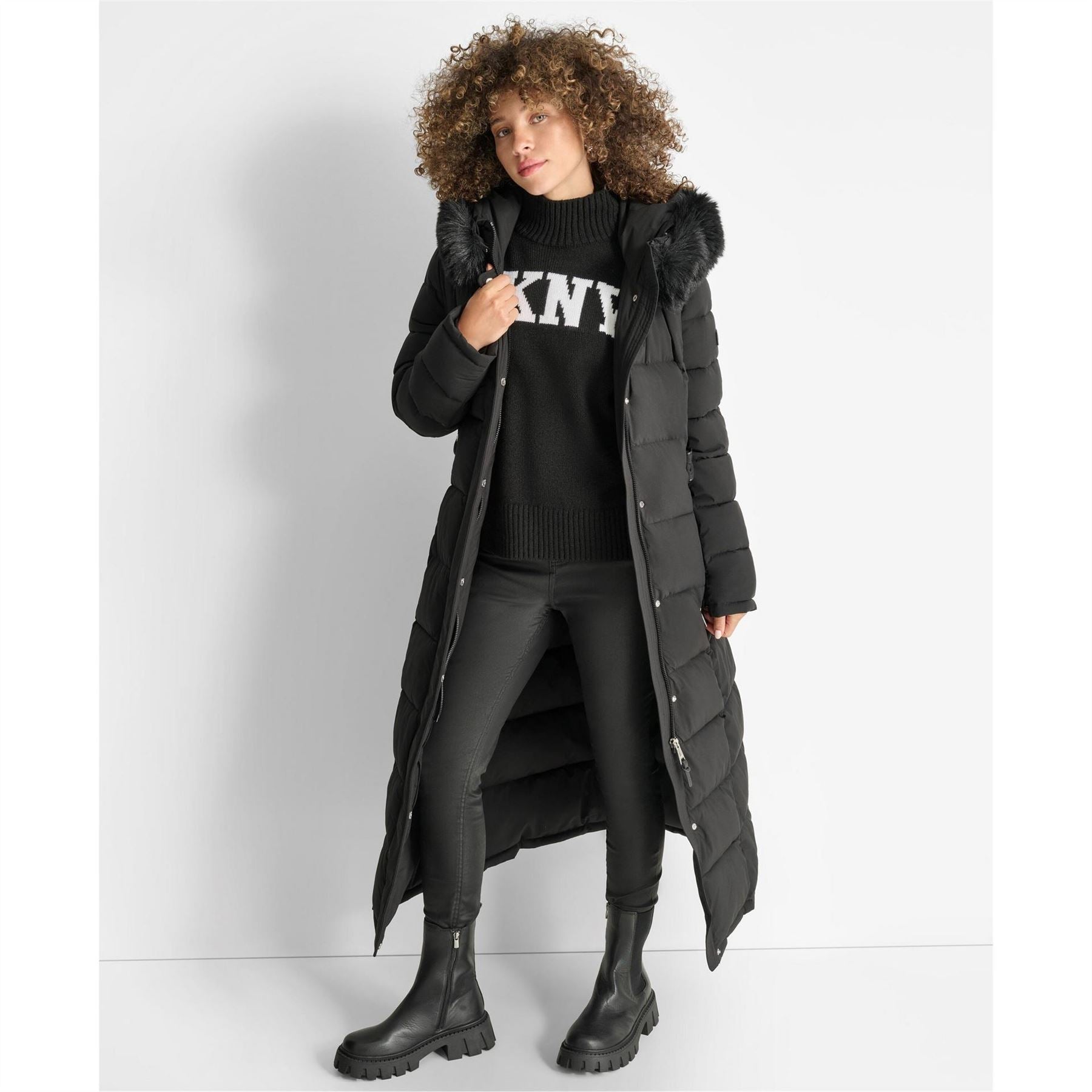 DKNY Outerwear Fur Hood Long Puffer Jacket