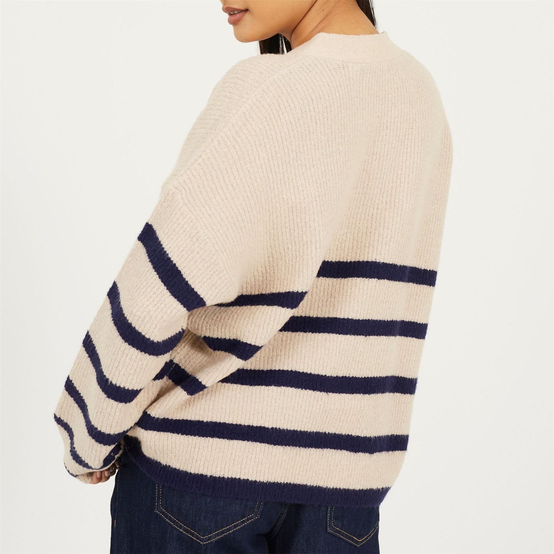 Brave Soul V Neck Fisherman Knit Striped Cardigan