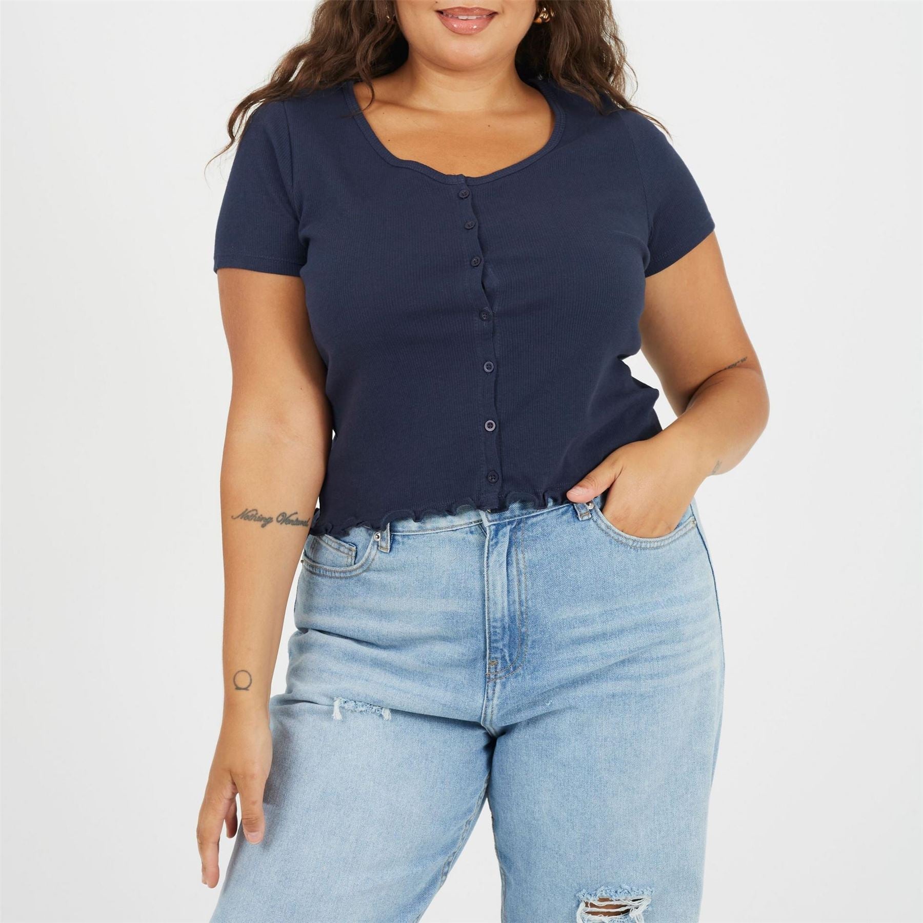 Brave Soul Plus Size Button Through Short Sleeve Top With Lettuce Hem