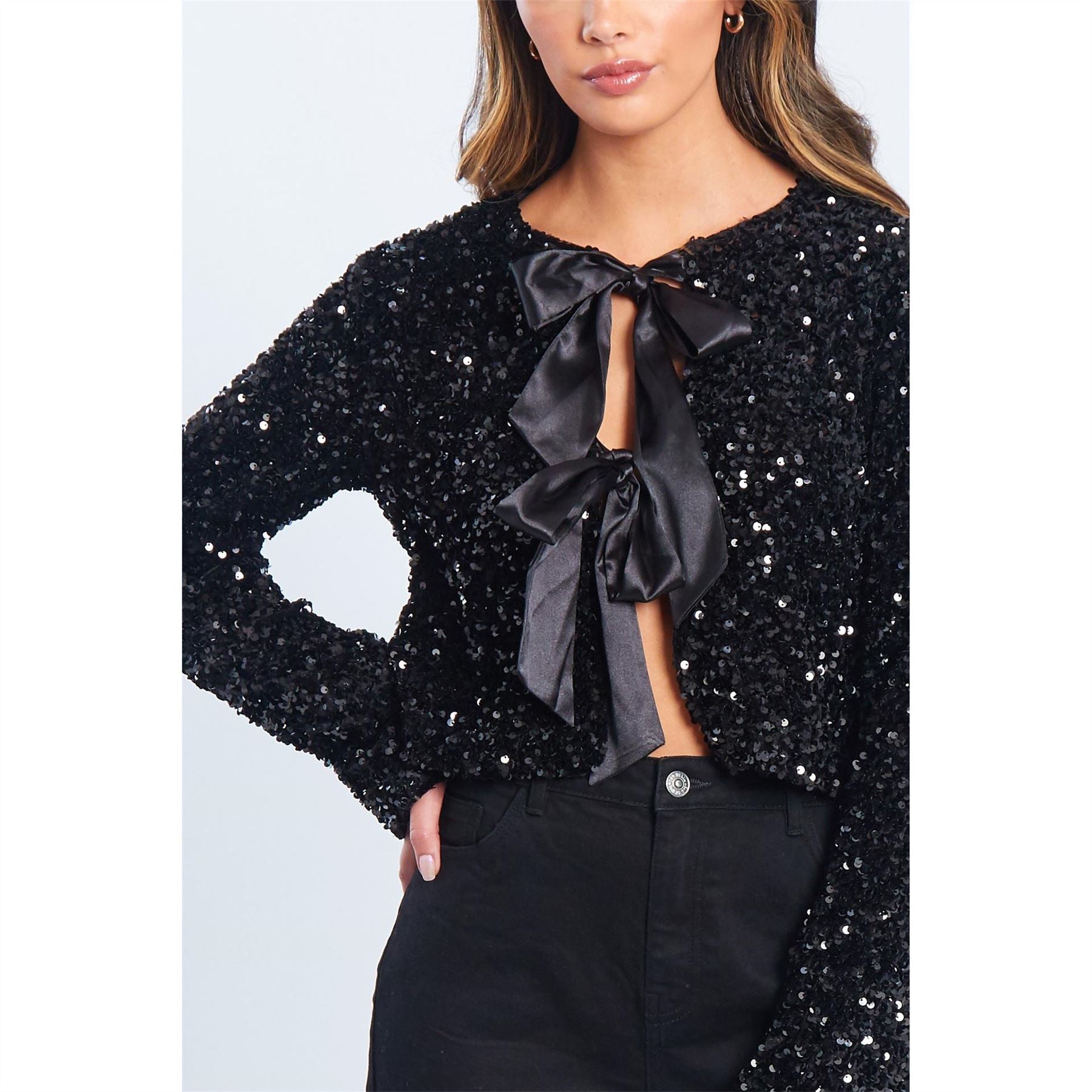 Be You Sequin Bow Crew Neck Long Sleeve Top
