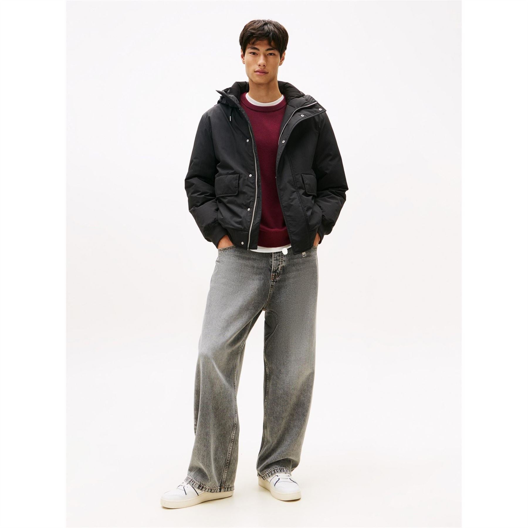 Tommy Jeans Solid Patterned Snap Button Ribbed Cuff Flap Pocket Bomber Jacket