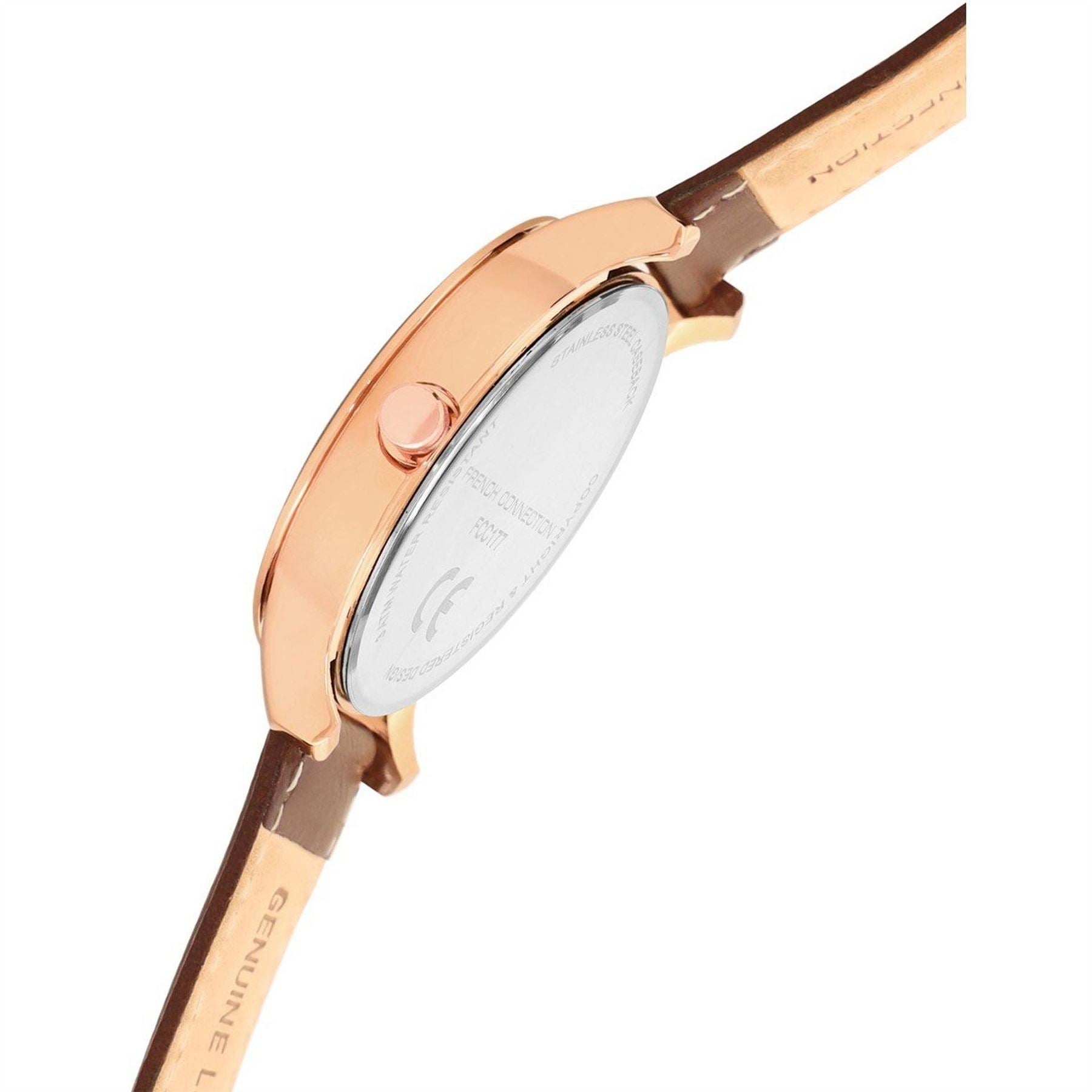French Connection Connection Rose Case Round Shape Brown Strap Quartz Watch