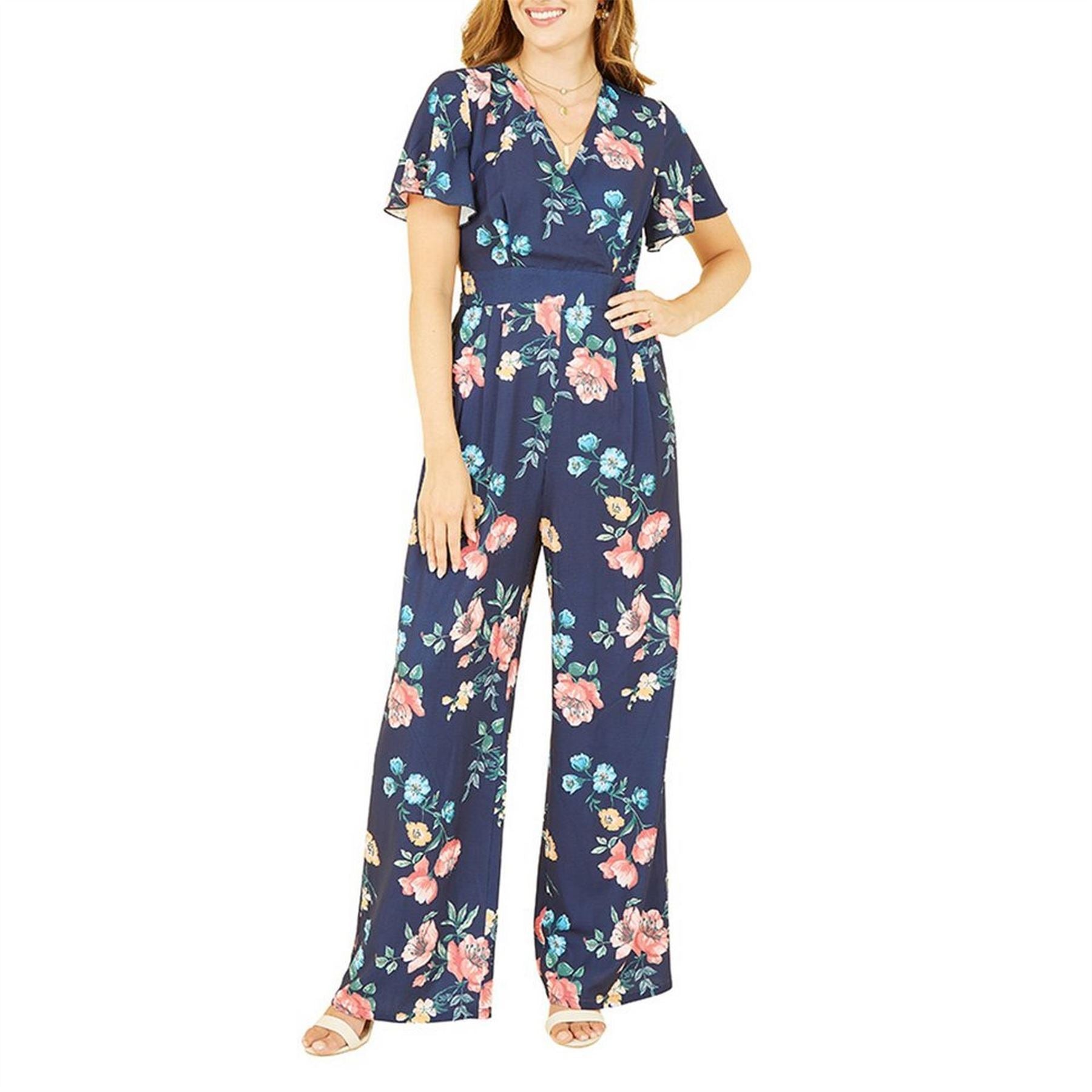 Yumi Floral V-Neck Angel Sleeve Jumpsuit