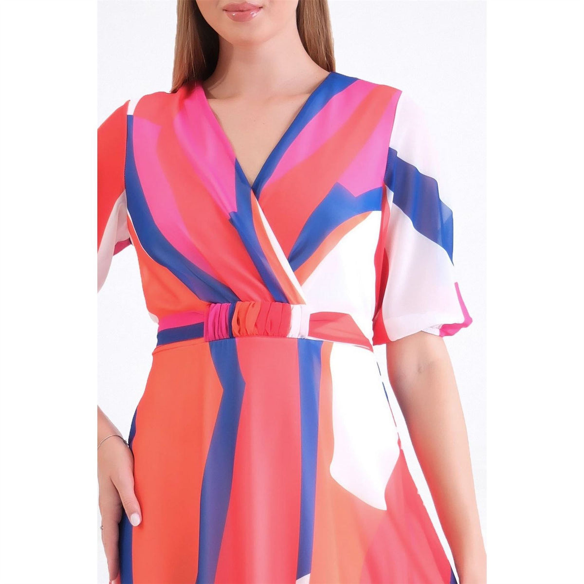 Ella Boo Coral Multi Abstract Belted Midi  Print Dress