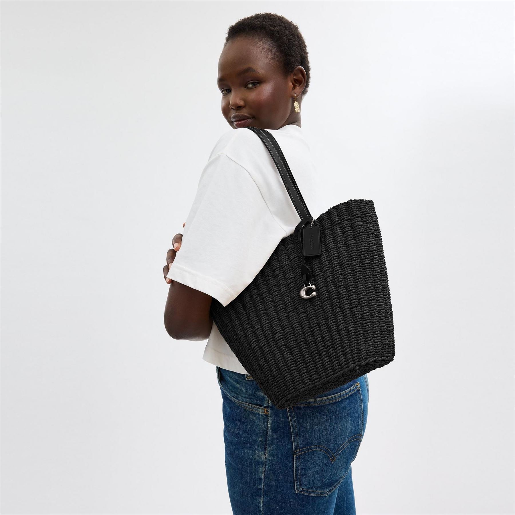 Coach S Straw Ribbed Tote with Detachable Strap