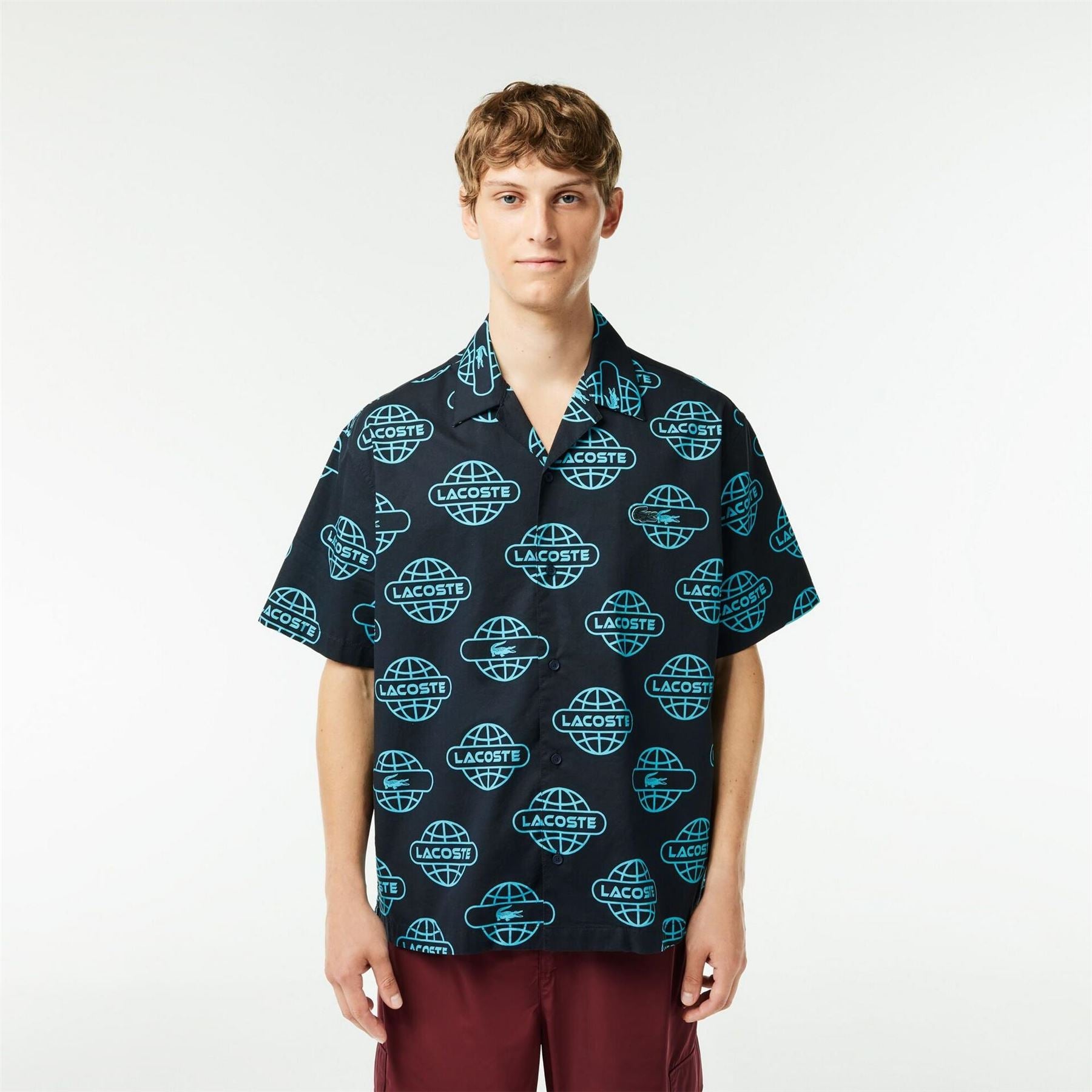Lacoste Globe Print Cotton Twill Short Sleeve Patterned Shirt