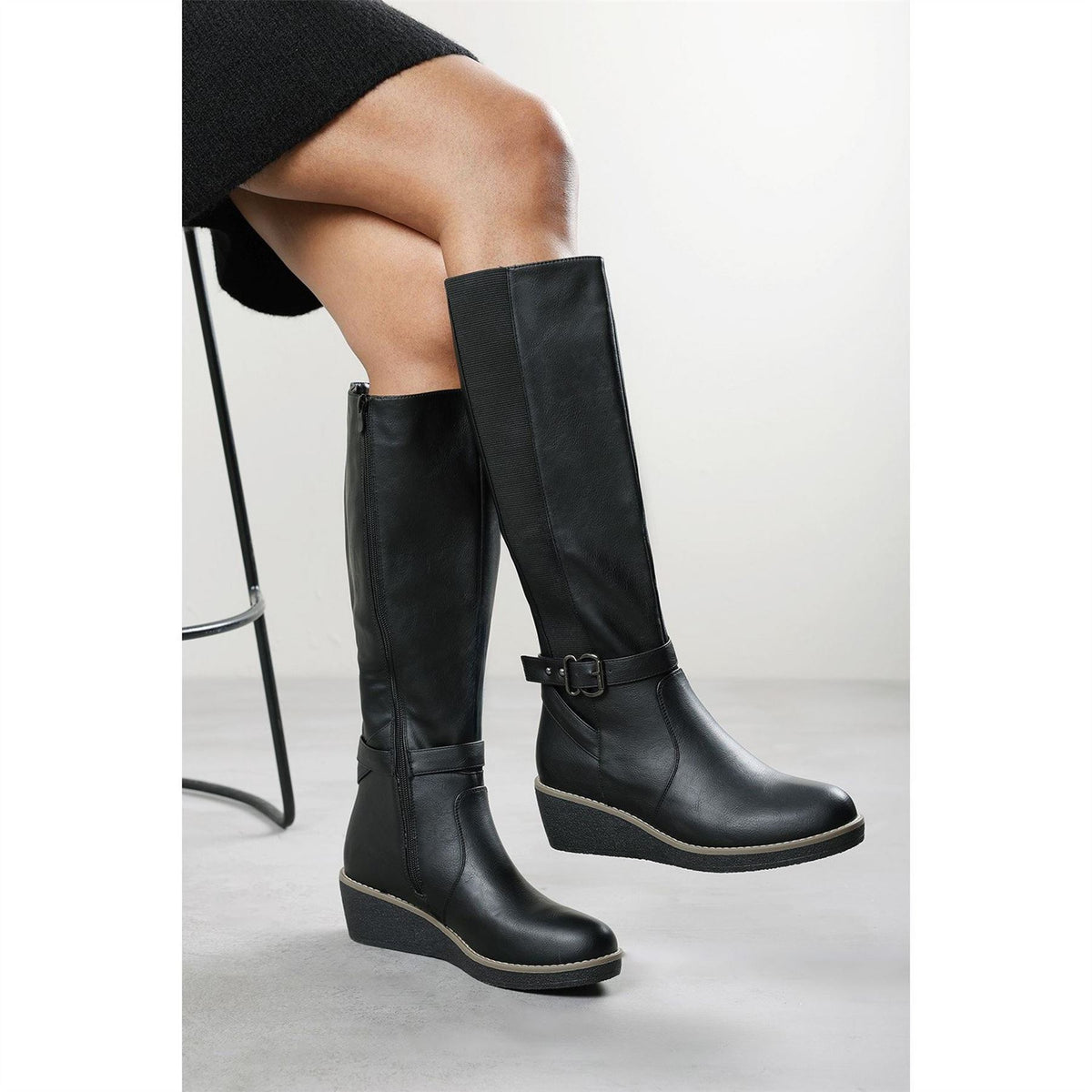 Wheres That From Knee High Wedge Boots With Strap And Buckle