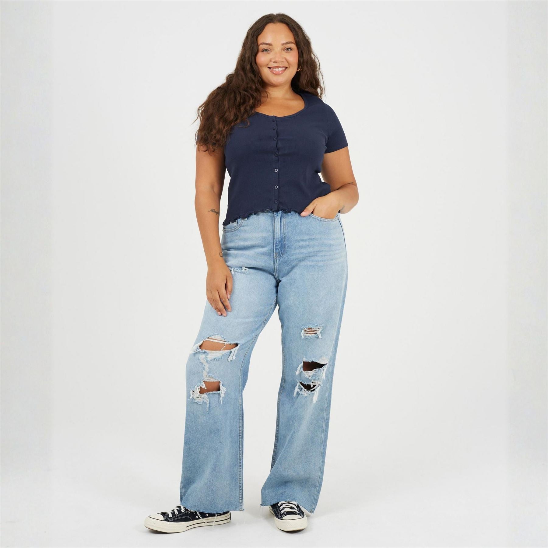Brave Soul Plus Size Button Through Short Sleeve Top With Lettuce Hem