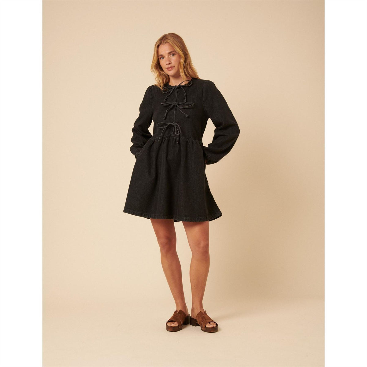 Nobodys Child Eden Denim Tie Neck Mini A-Line Dress