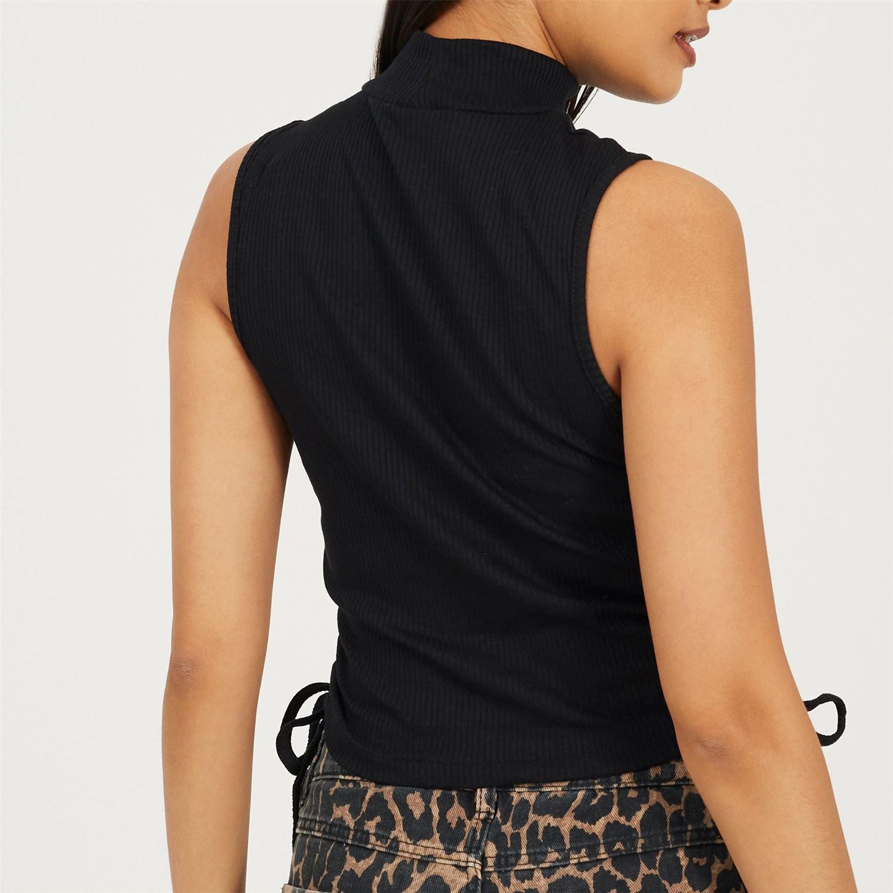 Brave Soul Womens Sleeveless High Neck Top With Drawstring Side Detail.