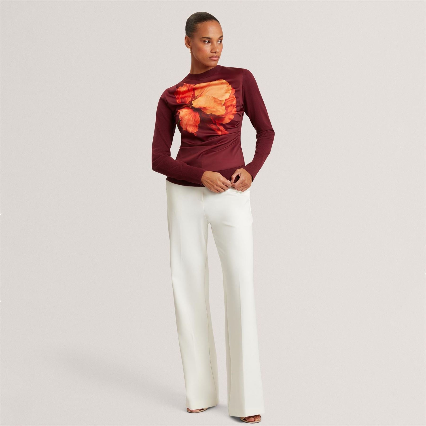 Ted Baker Printed Satin Front Fine Knit Top