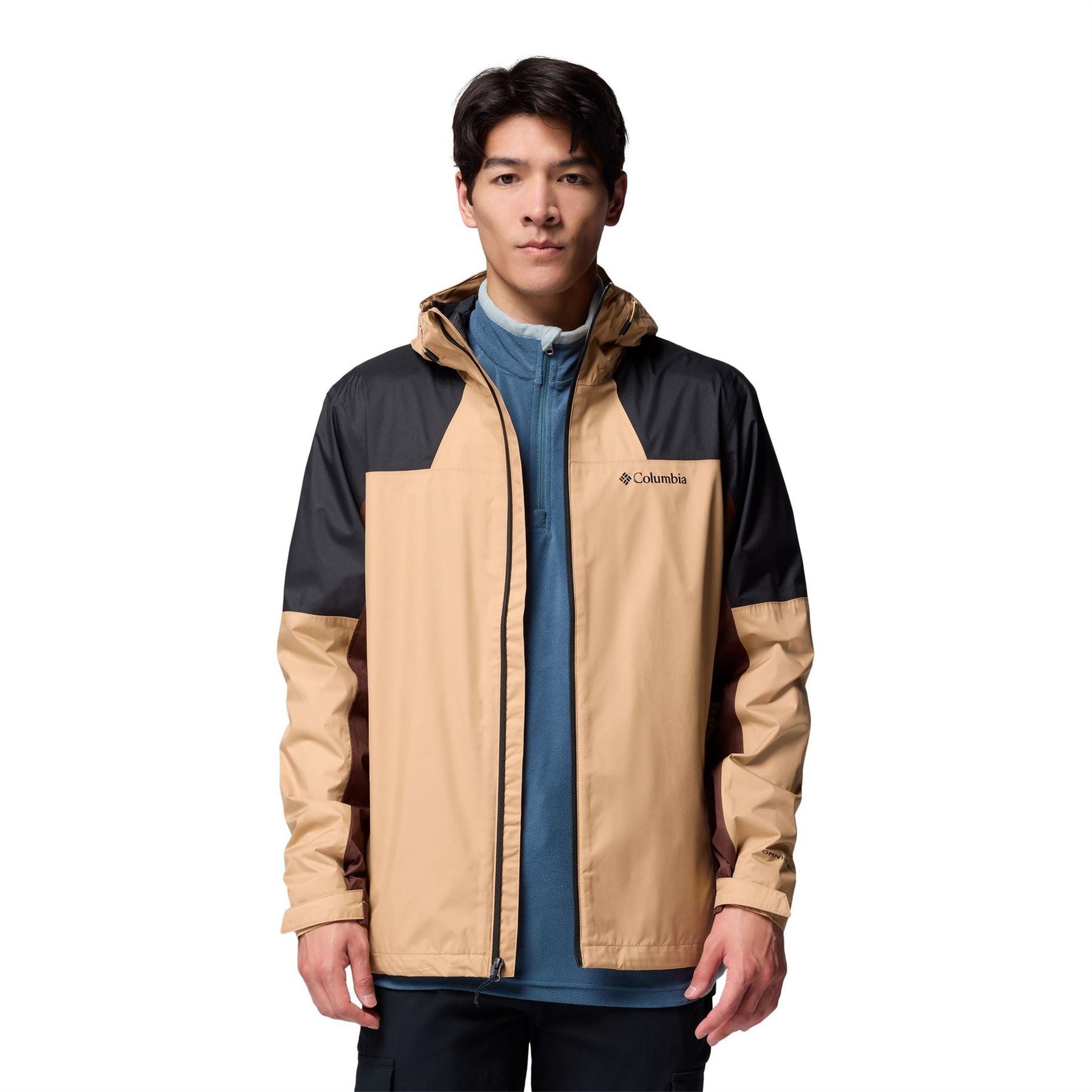Columbia Inner Color Block Hooded Drawstring Zipped Pocket Rain Jacket