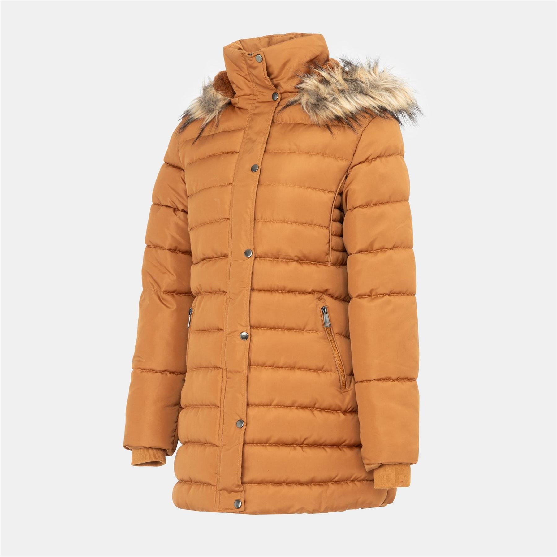 I Saw It First Solid Patterned Hooded Snap Button Fur Trim Ribbed Cuff Parka Jacket