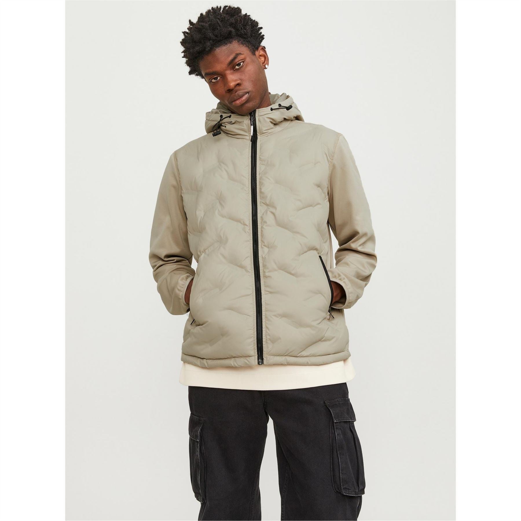 Jack and Jones Hooded Neck Solid Patterned Hybrid Jacket with Ribbed Cuff