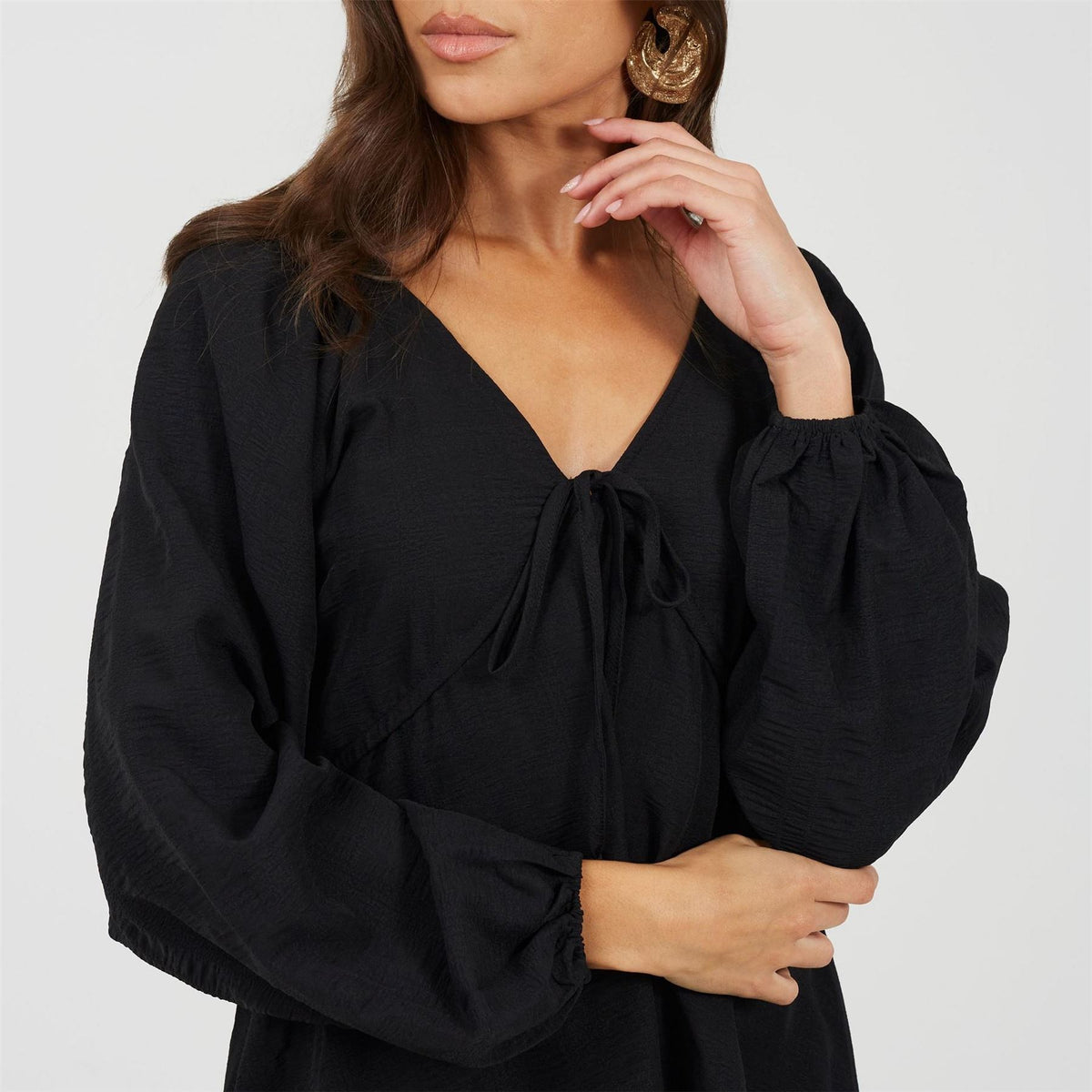 Brave Soul V-Neck Long Sleeve Mini Babydoll Dress