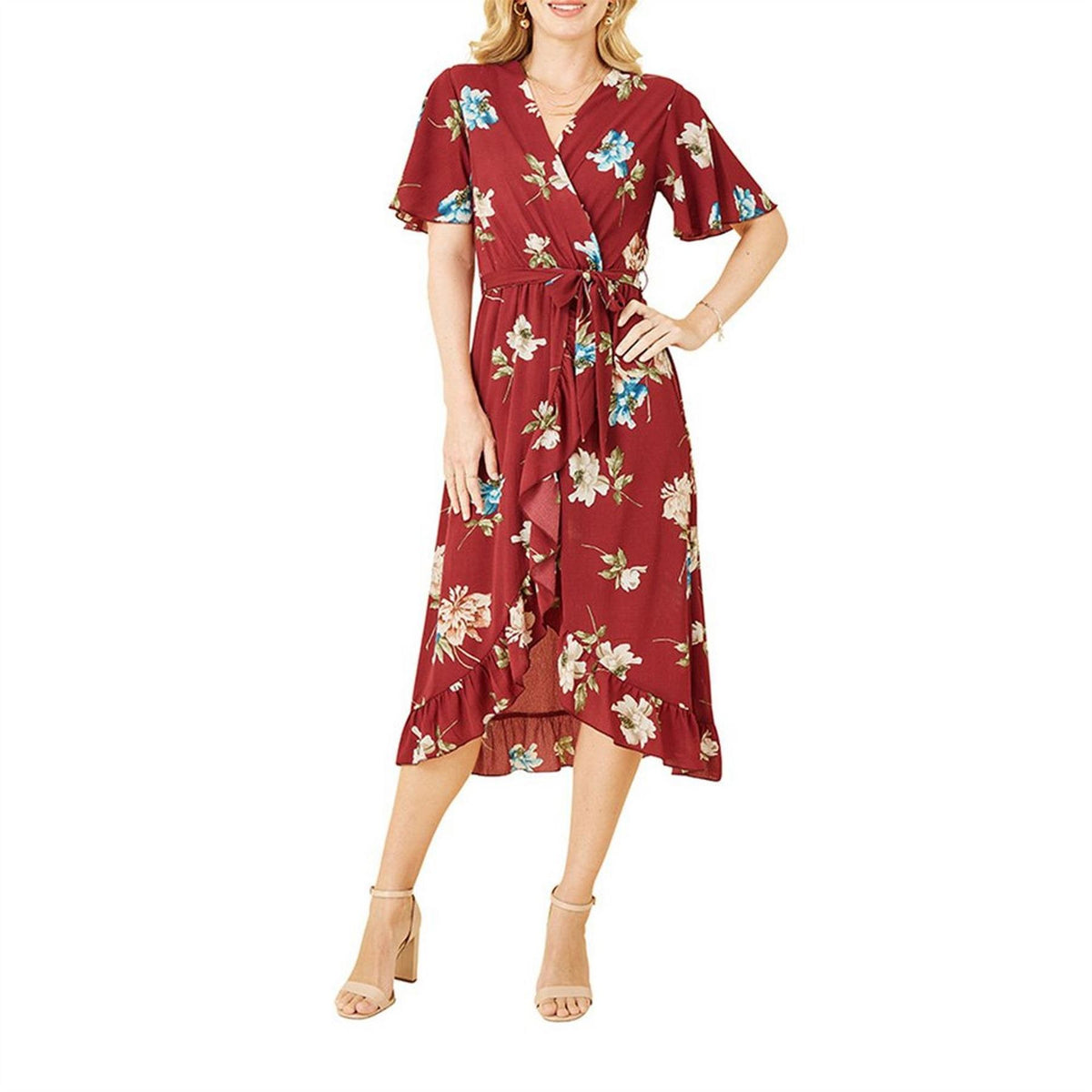 Mela London Red Floral Dip Hem Midi Wrap Dress