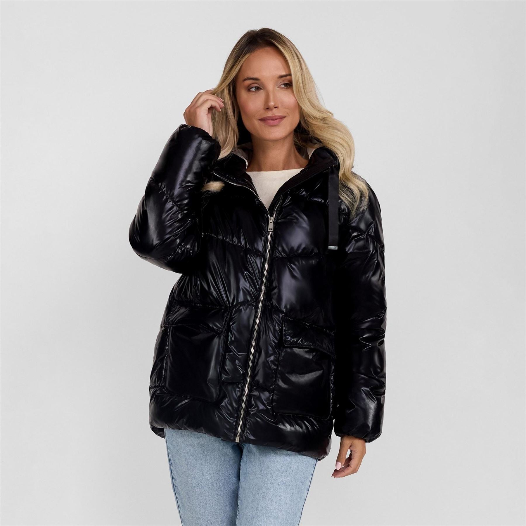 Minoti Women Quilted Short Hooded Jacket With Zip And Pockets Black
