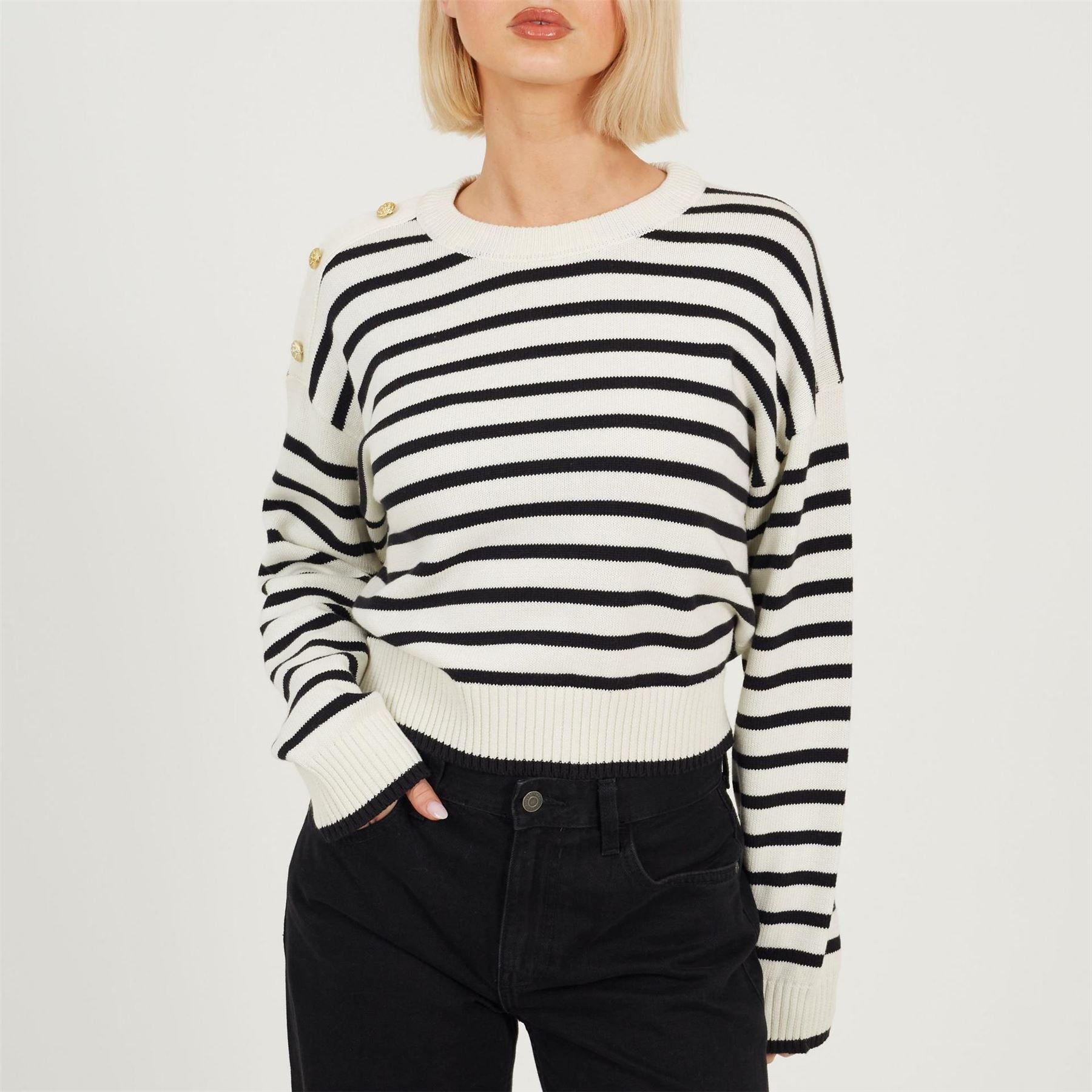 Brave Soul Boxy Crew Neck Striped Jumper With Shoulder Button Detail