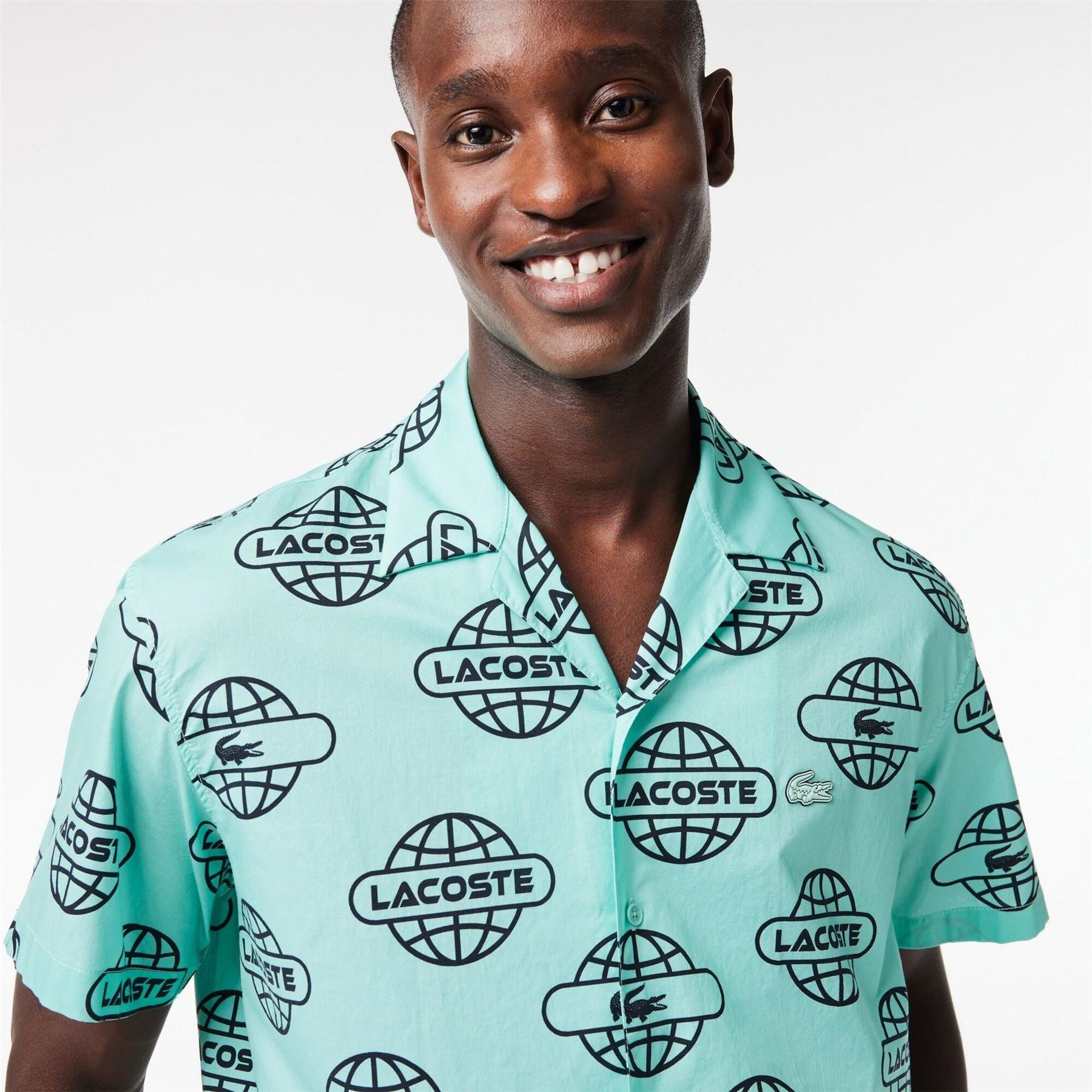 Lacoste Globe Print Cotton Twill Short Sleeve Patterned Shirt