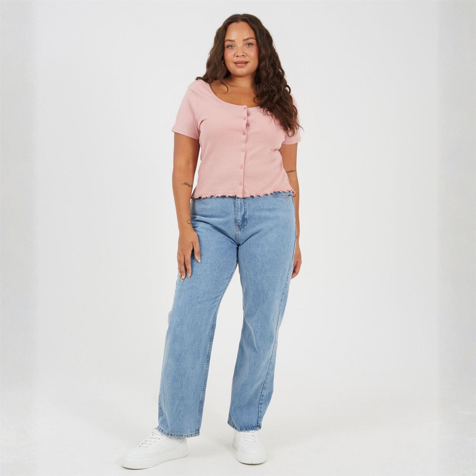 Brave Soul Plus Size Button Through Short Sleeve Top With Lettuce Hem