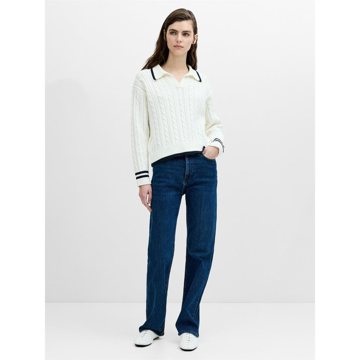French Connection Klara Cable Knit V Neck Long Sleeve Jumper