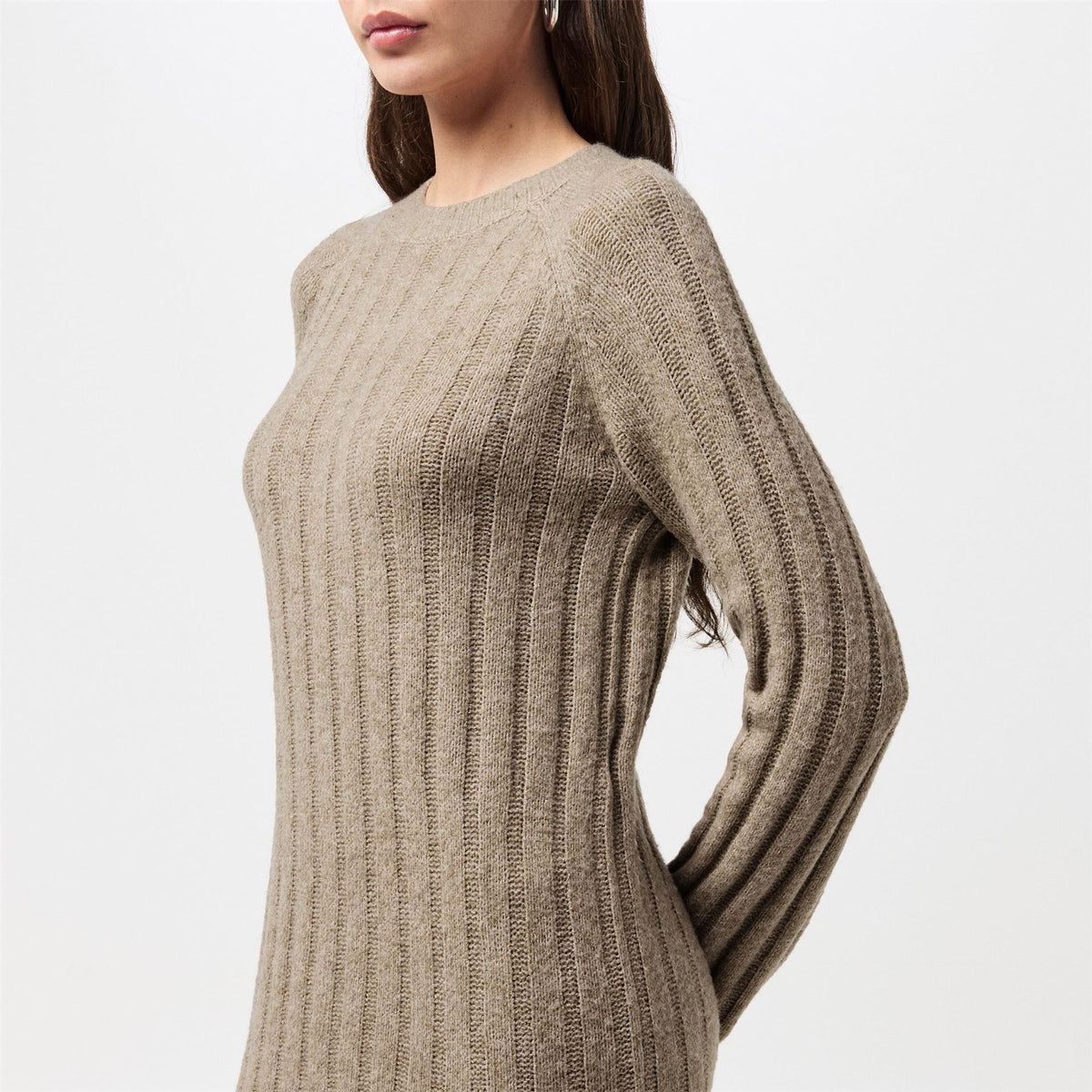 Pieces Knit Crew Neck Ribbed Cuff Midi Sweater Dress