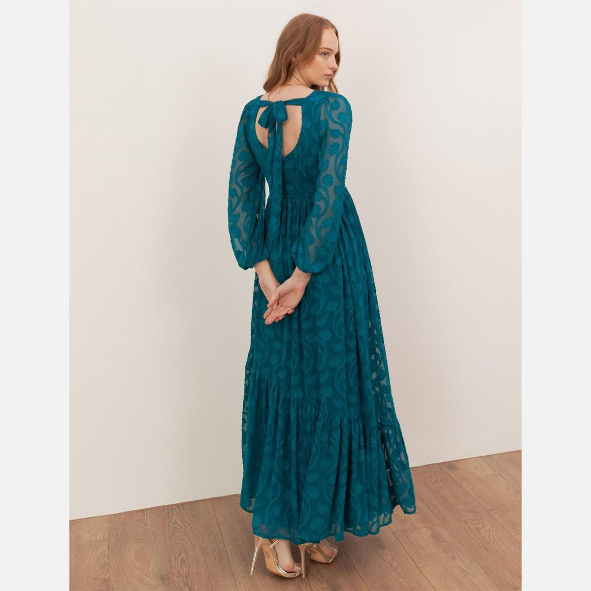 Lovedrobe Teal Floral Burnout Tie Back Maxi Dress With Asymmetric Split Hem