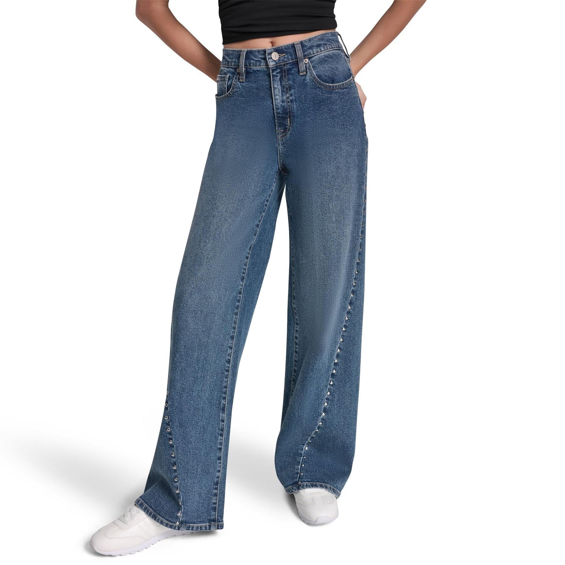 DKNY Jeans High Rise Modern Wide Leg W  Curved Studded Forward Seam