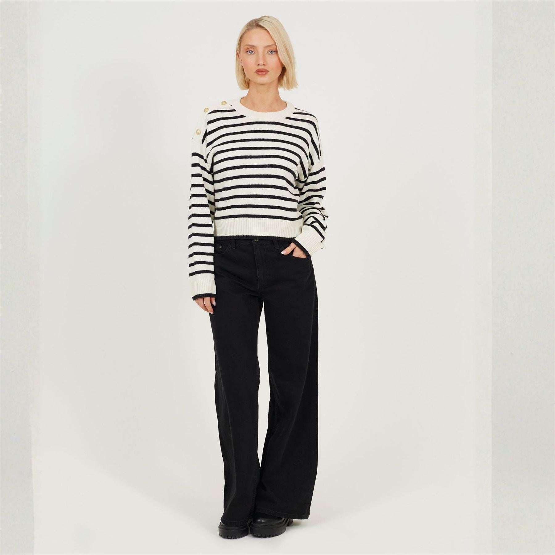 Brave Soul Boxy Crew Neck Striped Jumper With Shoulder Button Detail