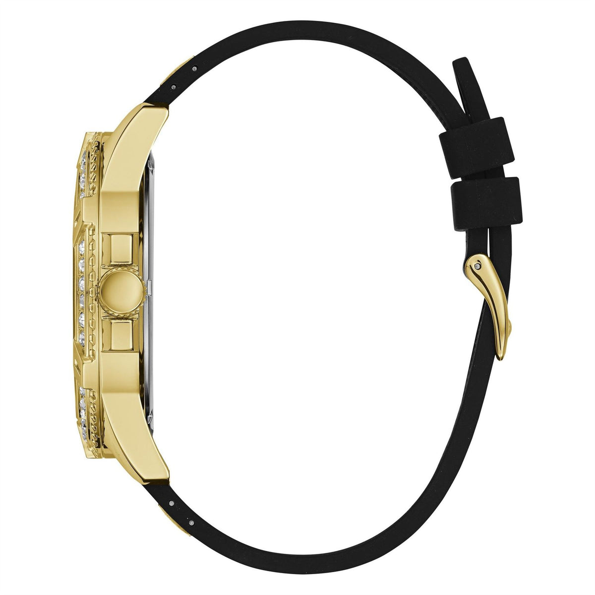Guess Gold Analogue Fashion Watch with Black Rubber Single Wrap Strap