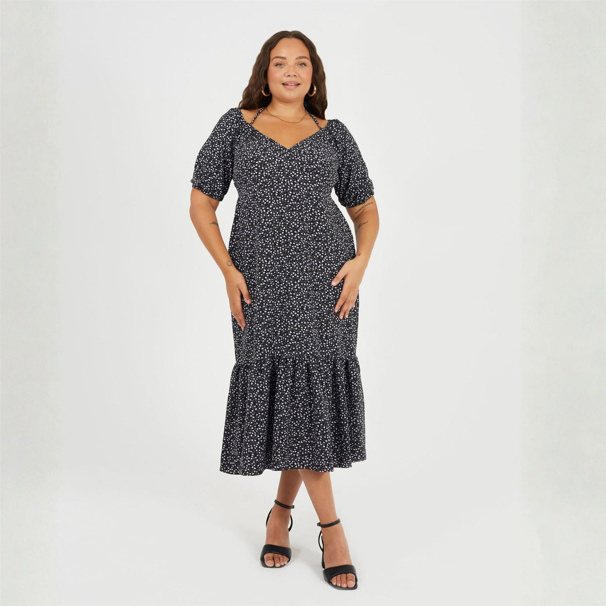 Brave Soul Plus Size Tiered Floral Midi Dress With Adjustable Sleeves