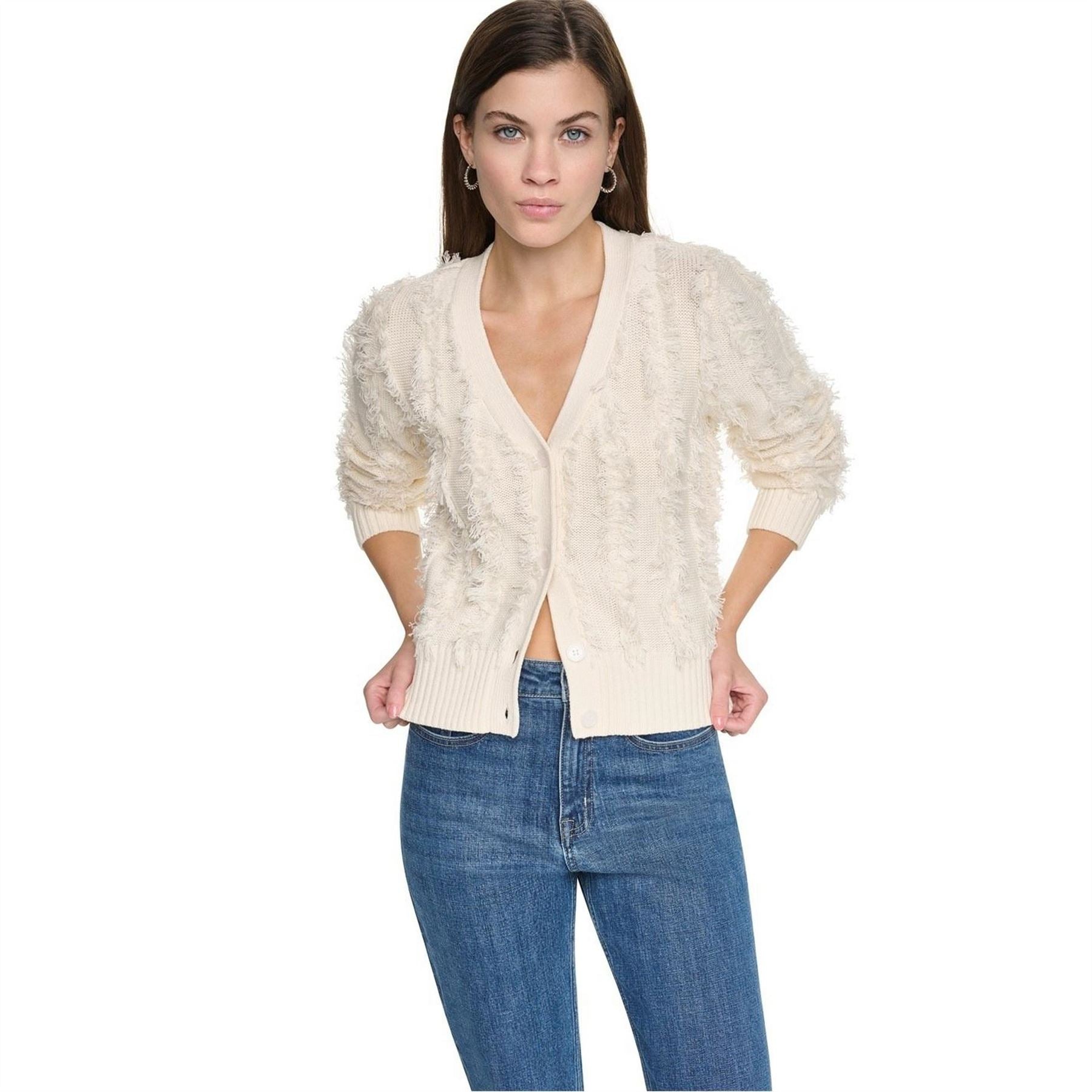 DKNY V Neck Fringe Cardigan