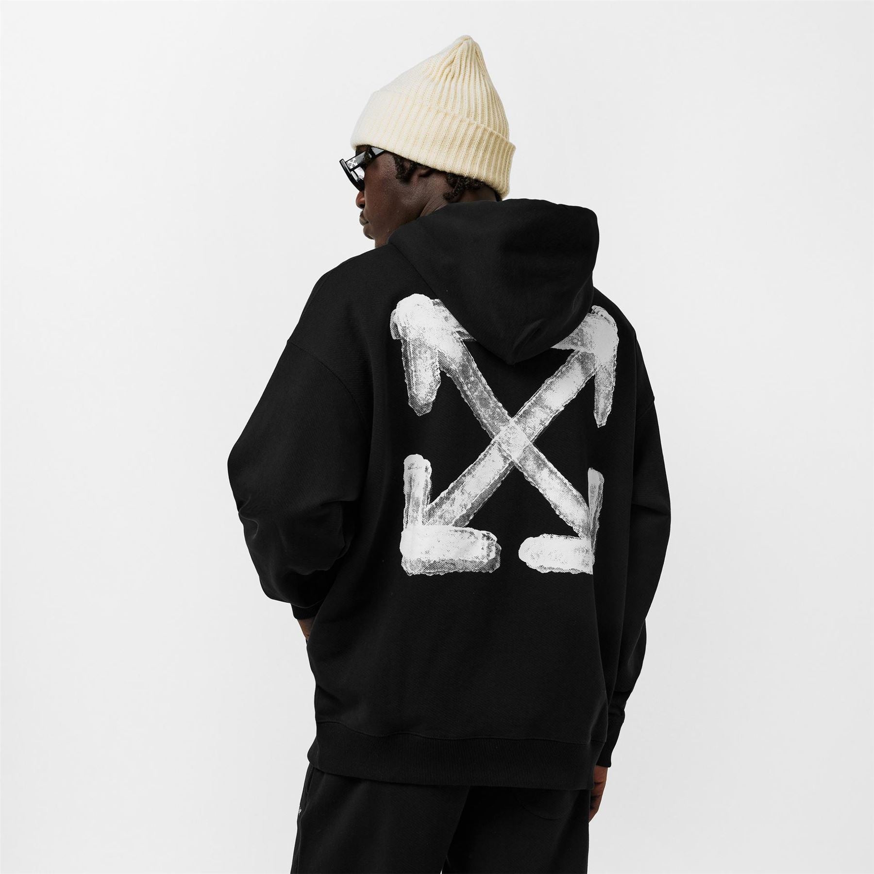 Off White Lettering Hooded Neck Drop Shoulder Sweatshirt