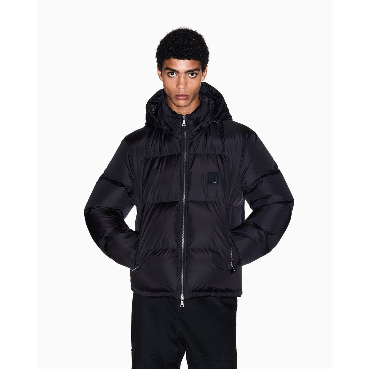 Armani Exchange Solid Patterned Hooded Down Puffer Jacket with Zipped Pockets