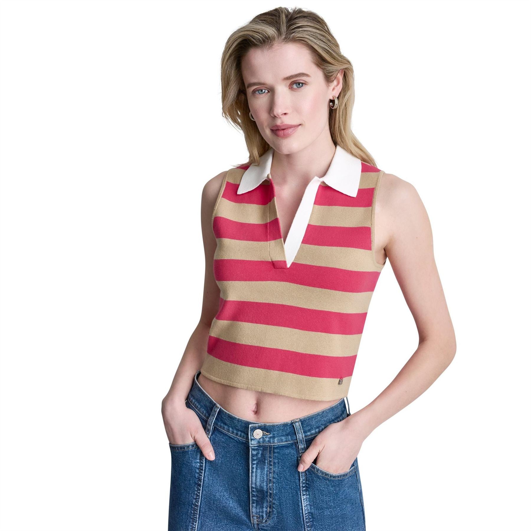 DKNY Striped Sleeveless Polo Sweater